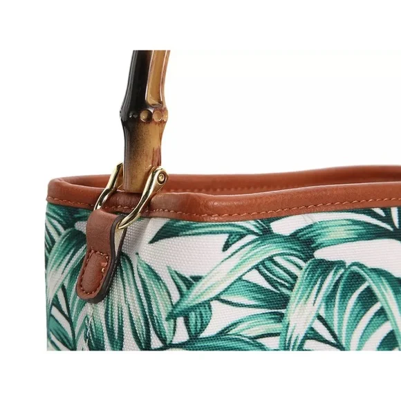 Resort Ready ENZO ANGIOLINI Green Multi Fabric Canvas Bamboo Resin Handle Purse - Picture 4 of 9